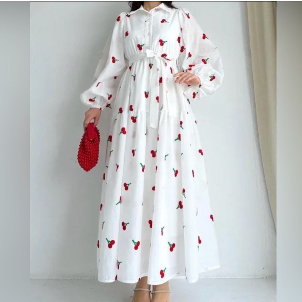 Chic White Maxi Dress with Red Floral Design